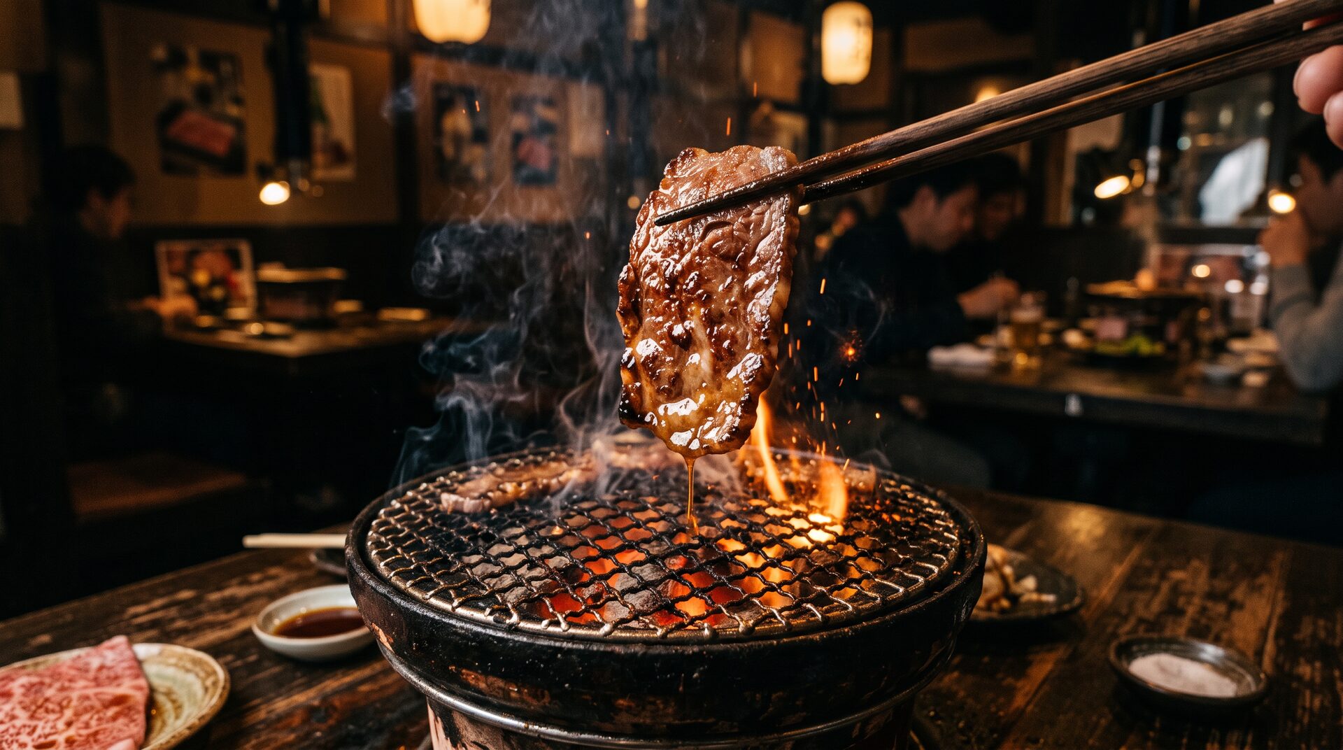 Seared A5 wagyu slice lifted from a smoking charcoal grill
