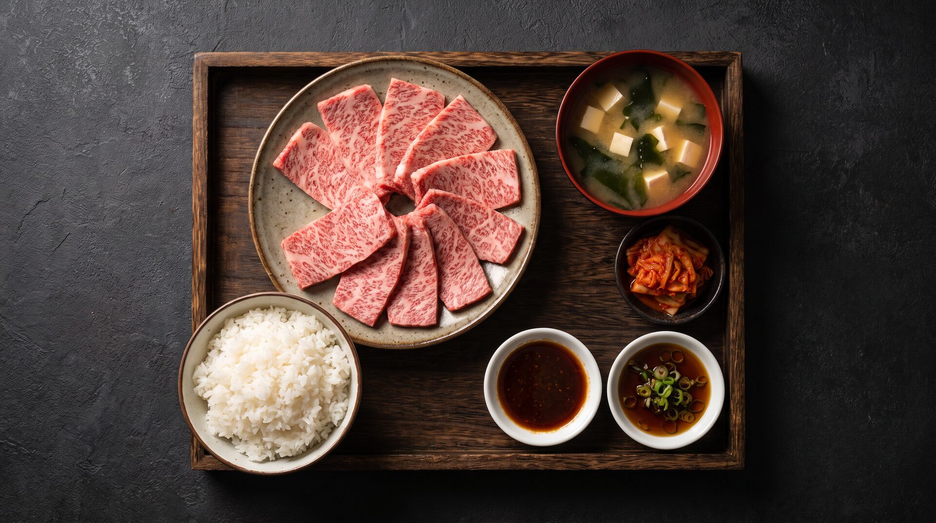 Yakiniku set tray — wagyu, rice, miso soup, kimchi and dipping sauces