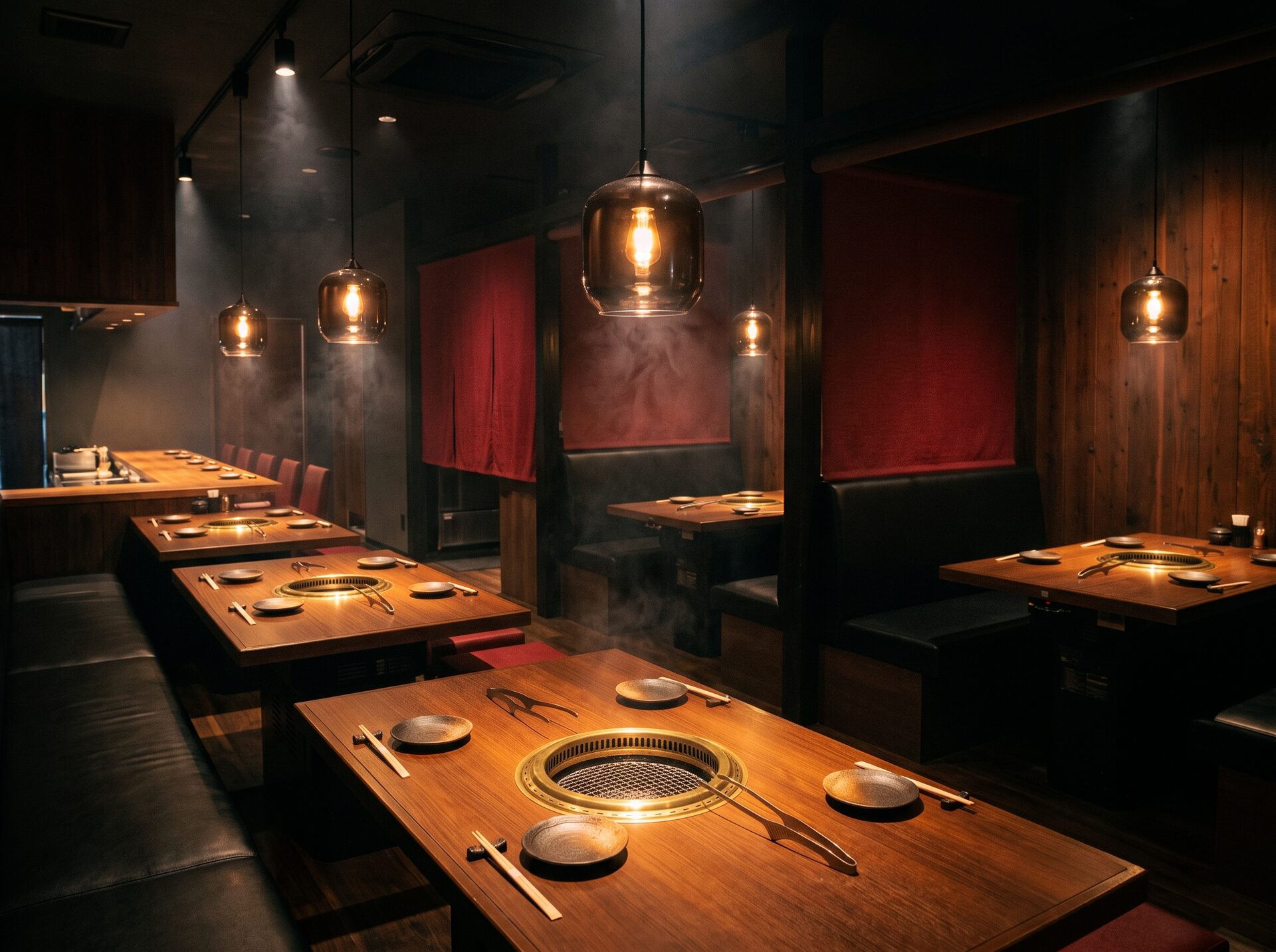 Warm, moody yakiniku dining room with tabletop grills