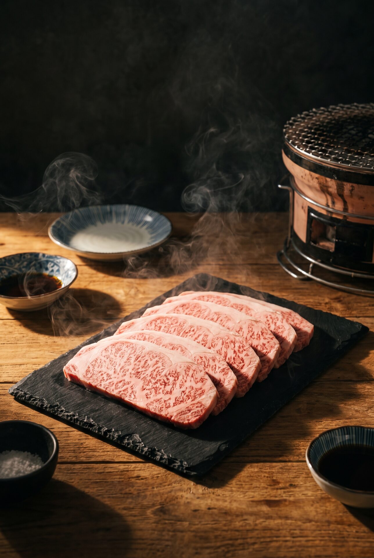 A5 Wagyu slices with snowflake marbling on slate